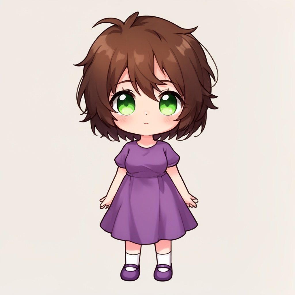 A girl with short, messy brown hair and green, expressive eyes wearing a violet, knee-length dress with short sleeves, white socks, and purple Mary Jane shoes