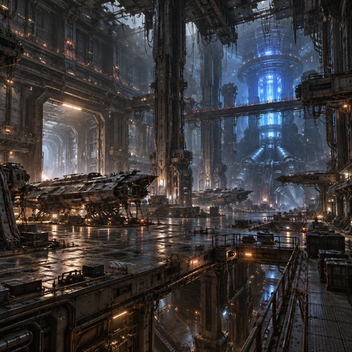 The interior of a colossal abandoned interstellar spacecraft, an enormous central hangar surrounded by multiple levels of industrial walkways, gigantic mechanical doors, massive support pillars, exposed structural beams and complex machinery, damaged spacecraft docking platforms, long metallic corridors leading toward distant engine chambers, enormous pipes and ventilation systems covering the walls, broken ceiling panels exposing cables and internal machinery, dim emergency lights reflecting across worn metal floors, distant reactor chambers glowing with blue energy, a sense of immense scale and technological decay, cinematic science fiction action RPG environment, highly detailed 3D game environment concept art, Unreal Engine 5 quality, realistic metallic materials, dramatic industrial lighting, intricate mechanical details, deep perspective, no characters, no text, no logos, no watermark