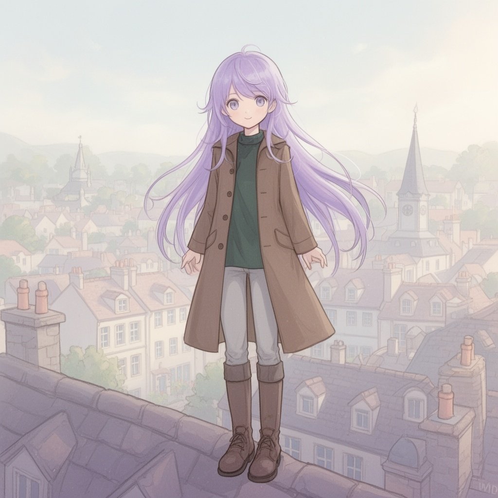 A young girl with long lavender purple hair wearing a brown coat over dark green clothing, light gray pants, and brown boots, and she is standing on the rooftop of a building in a charming town