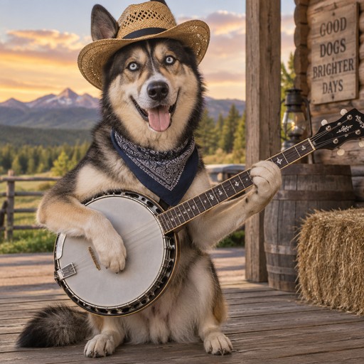 Husky German shepherd mix with a straw hat and bandjo