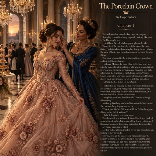 The Porcelain Crown


By Hope Batista
























Chapter 1


The ballroom had never looked more extravagant. Sparkling chandeliers hung elegantly, looking like stars in the black night sky. 
I could hear the tink of champagne glasses already.
Tables lined the exterior edges of the room, the most divinely delicious hors d’oeuvres placed atop them. I inhaled the scent of butter and chocolate, some of my most favorite things.
The room glistened in the setting sunlight, golden hues making it all look ethereal. 
I followed Miriam, the maid I had befriended years ago, into the chaos of it all, watching as all the help scurried about. Everyone was preparing for our annual Founding Day ball, celebrating the founding of our beloved nation, Veloire. Guests were set to arrive in a matter of minutes, and Mother always made sure things were set to polished perfection. 
Nothing short of it, not for the Queen.
I watched as my stunning mother swayed into the ballroom, her sapphire satin gown with golden embroidery flowing behind her. Every step she took demanded attention, and servants bowed as she crossed the room.
“Seraphine, dear! Oh, how beautiful. You are an image this evening.”
Mother grabbed my hands and her soft smile lines calmed the chaos of the goings on around us.
“Thank you, Mother. Miriam and Eloise finished my gown this morning. Isn’t it a dream?”
I did a little spin to prove my point.
The dress truly was a dream. It looked like it was made of roses, with soft tulle fabric water-falling down, embroidered flowers covering my sleeves and swimming down the skirt.
My maids were simply gifted.
Mother tucked a loose strand of brown hair behind my ear, looking to tidy my updo.
“Divine,” was all she said, before walking towards the balcony to monitor the crowd piling in through the gates.
The Founding Day Ball was a ticketed event. Only the wealthiest individuals were allowed entry, as the tickets were incredibly expensive. There were numerous guidelines for any