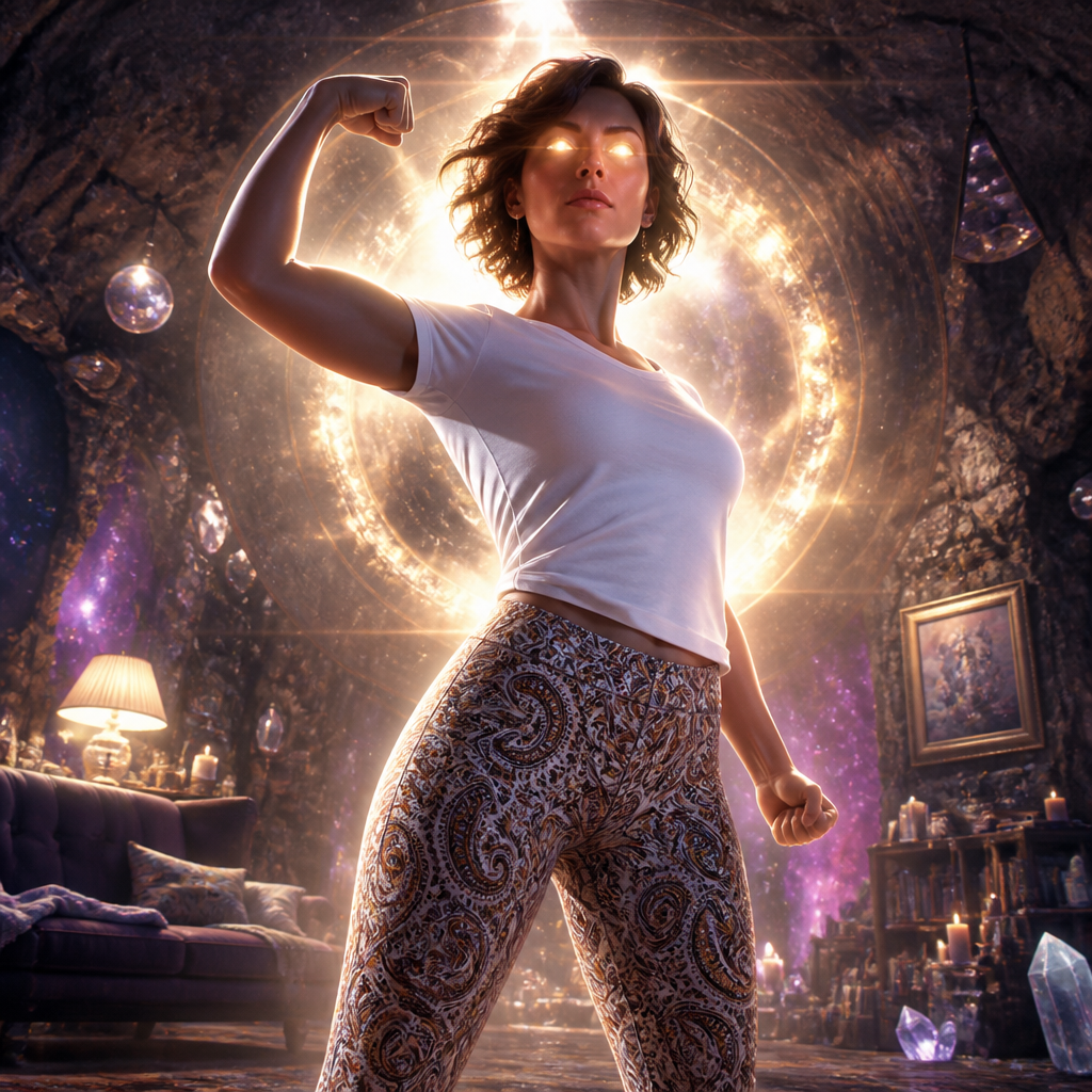 a woman with short brown hair, she wears a white t-shirt that gives her the power, she also wears paisley print leggings
she is hitting an epic pose and her eyes are glowing with godly power.
she is in a den that is epic but kind of surreal space