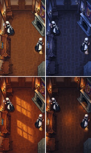 Pixel art of people walking through a brick corridor in warm and cool lighting panels