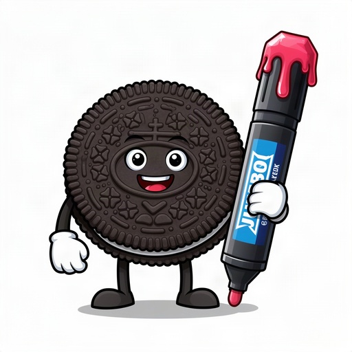 Cartoon Oreo cookie holding a drippy 
chiseled jumbo marker