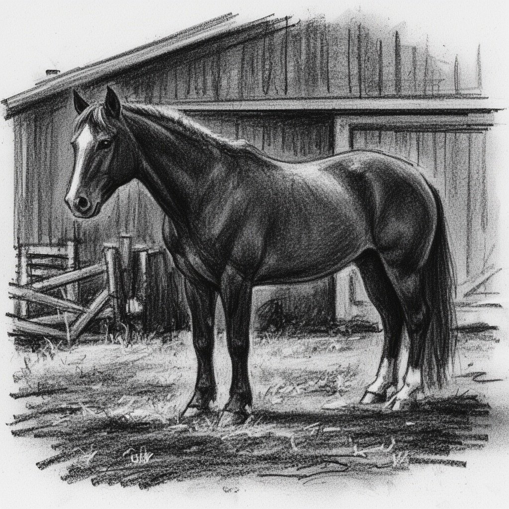 A horse standing outside in front of a barn