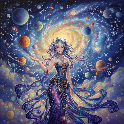 Exceptional astounding incredible breathtaking closeup dainty intricate lavish beautiful high contrast hyper detailed art nouveau style futuristic California spacepunk 3D Anime fairytale charming storybook sketch very beautiful bright vivid vibrant popping colors multicolored of a dynamic stunning beautiful celestial starlight woman made of nebula creating a swirling series of planets and moons in a sky of stars. she is surrounded by bokeh, constellations and astrological signs, a bright beautiful galaxy fills the background. 