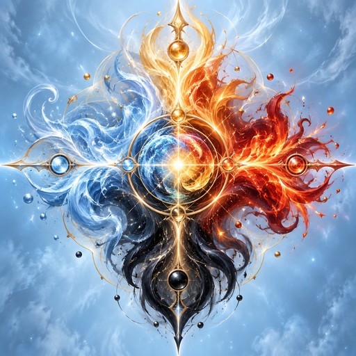 A highly detailed mystical elemental convergence symbol, designed as an intricate symmetrical fantasy emblem. Four elemental forces merge into one central composition: ethereal pale blue energy, glowing golden fire, deep crimson ember flames, and glossy black obsidian energy. Elegant flowing flame-like ribbons and wisps spiral inward from all four directions toward a luminous circular core at the center. The elements intertwine and transform into one another, creating a sense of motion, balance, fusion, and convergence. Ornamental celestial details, thin glowing filaments, small floating particles and circular energy motifs, dramatic luminous highlights, intricate linework, polished fantasy concept art, symmetrical composition, vertically oriented, isolated central emblem, light blue atmospheric background, rich red-orange-gold and deep black-blue contrast, ethereal magical glow, sophisticated and premium, no text, no characters, no objects, no border.