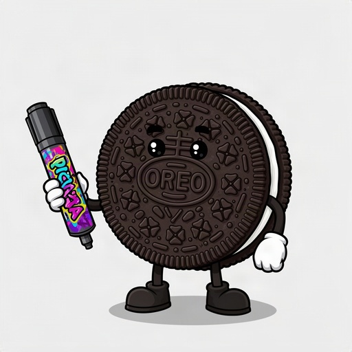 Oreo cookie cartoon holding a graffiti pilot marker