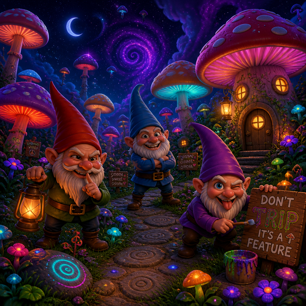 Magic mushroom garden
3d night trippy landscape
Three mischievous Gnomes