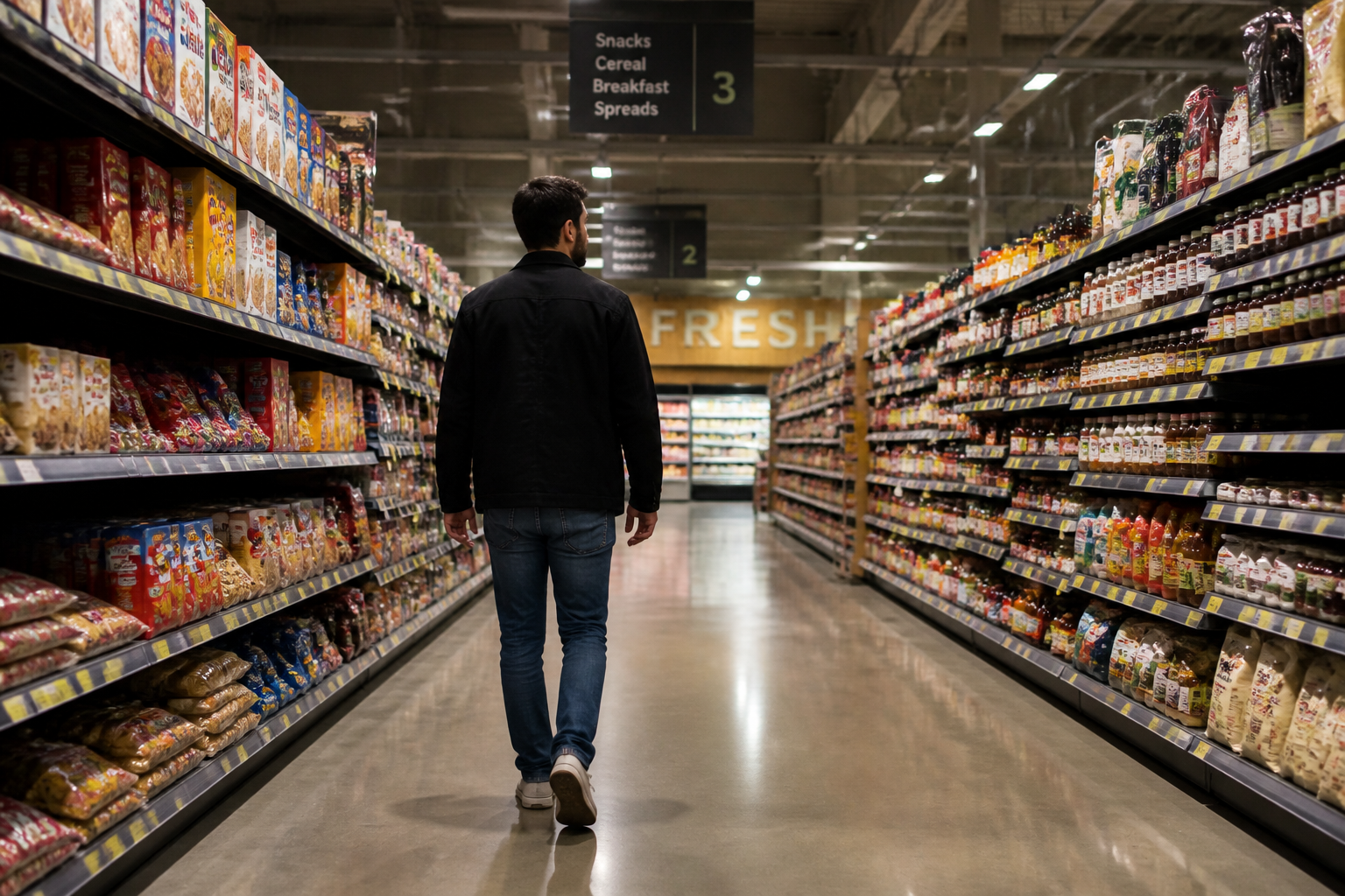 Inside the big grocery shop. A man is walking along the aisle of grocery shelves.