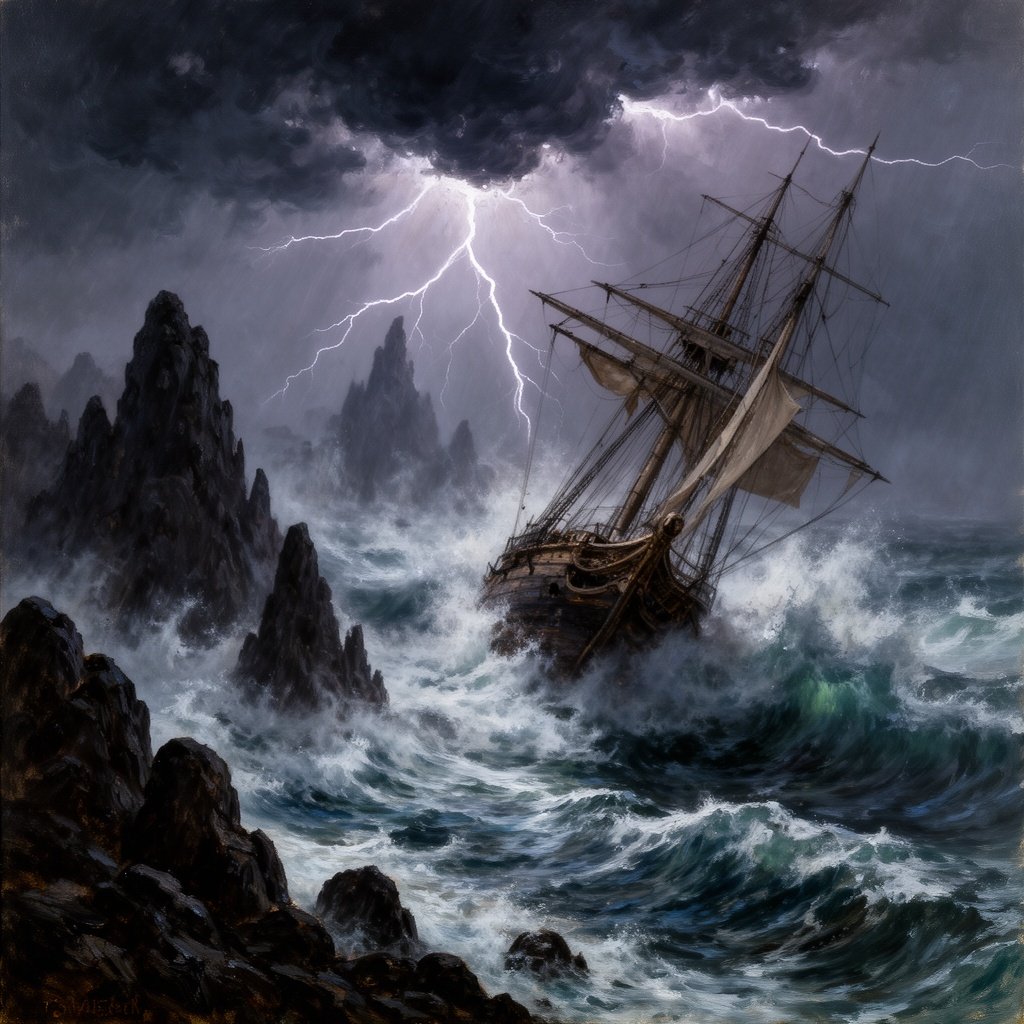 A dramatic shipwreck during a violent storm, waves crashing against jagged rocks under lightning-filled skies