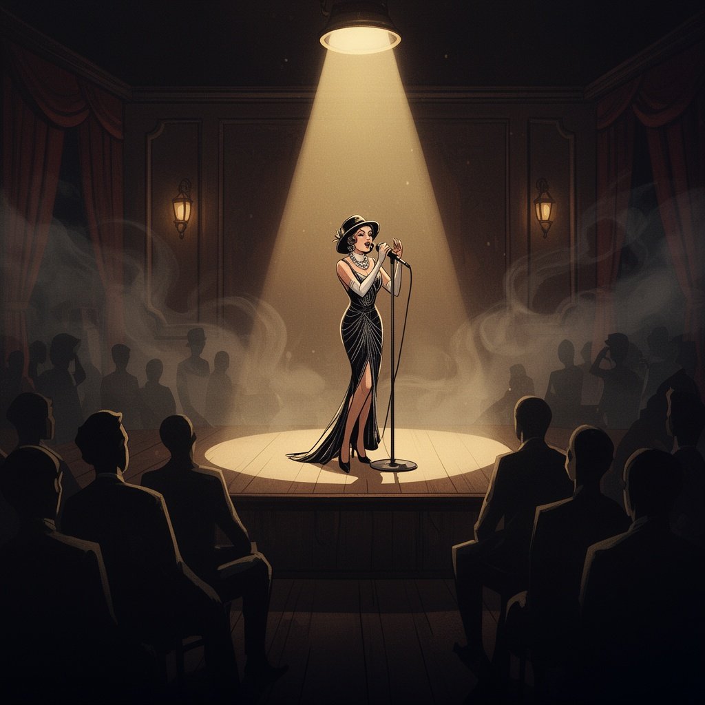 A jazz singer performing under a single spotlight in a smoky 1920s speakeasy, audience silhouettes visible