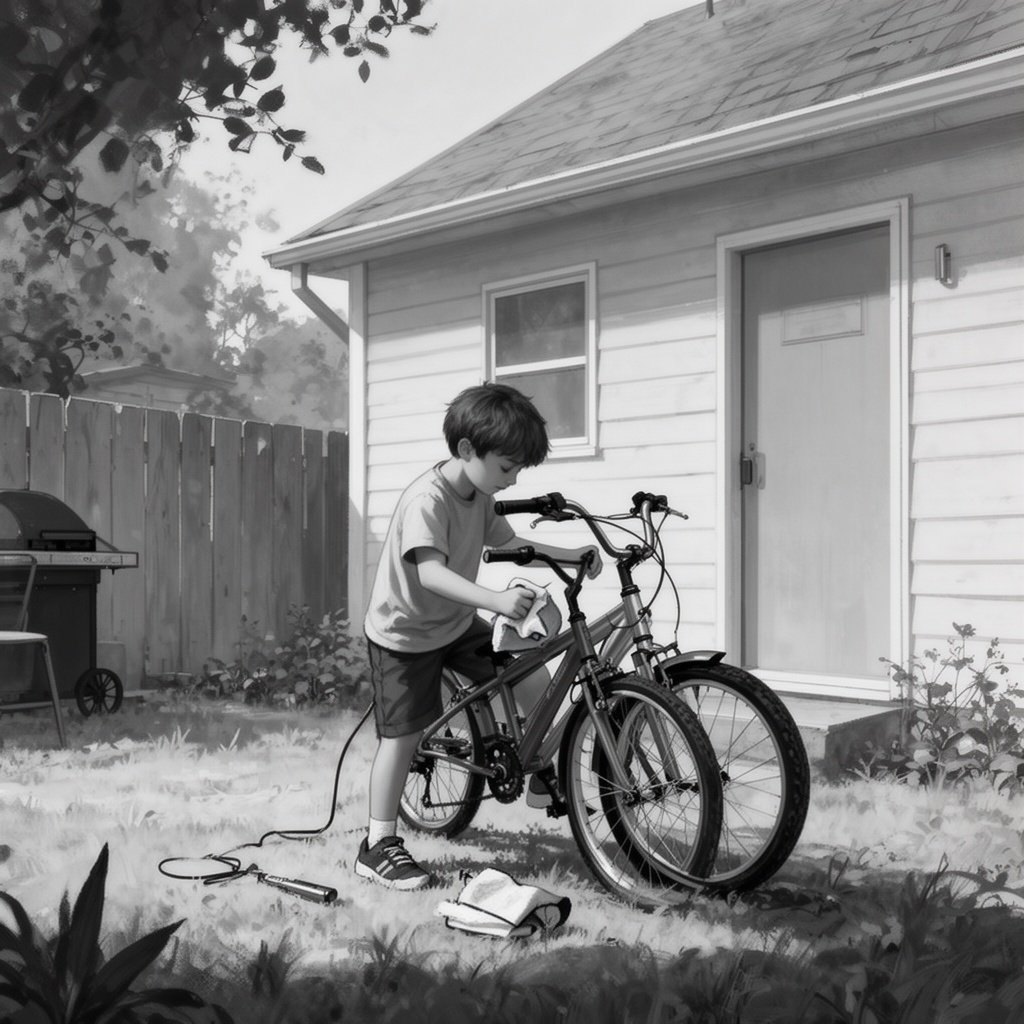 A boy cleaning his bike in the backyard of a house