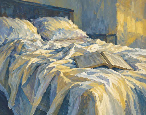 Impressionist painting of a rumpled bed with an open book in blue and gold tones.