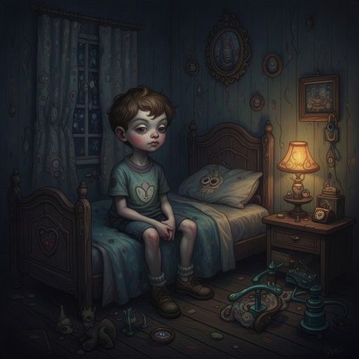 A boy in a dim bedroom