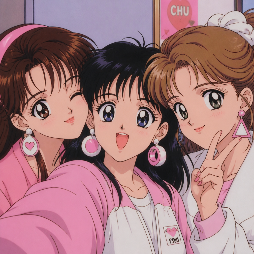 Anime girls earrings 90s anime pink and white 3 girls selfie