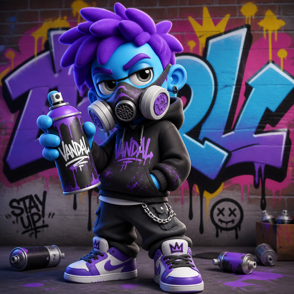 3d Graffiti kid blue skin with purple hair wearing a filtered mask with a spray can