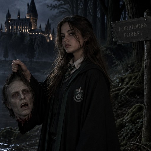A girl who looks like me in slytherine robes at hogwarts by the line of the dark Forrest holding a head of a vampire from the Harry Potter movie