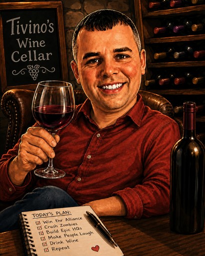AI-painted person holding wine glass in a rustic wine cellar beside tasting notes
