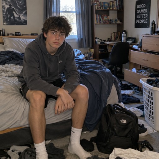 a teeange boy sitting in a messy bedroom