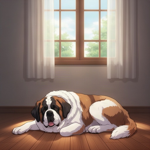 A Saint Bernard dog inside a house lying on the floor under a window