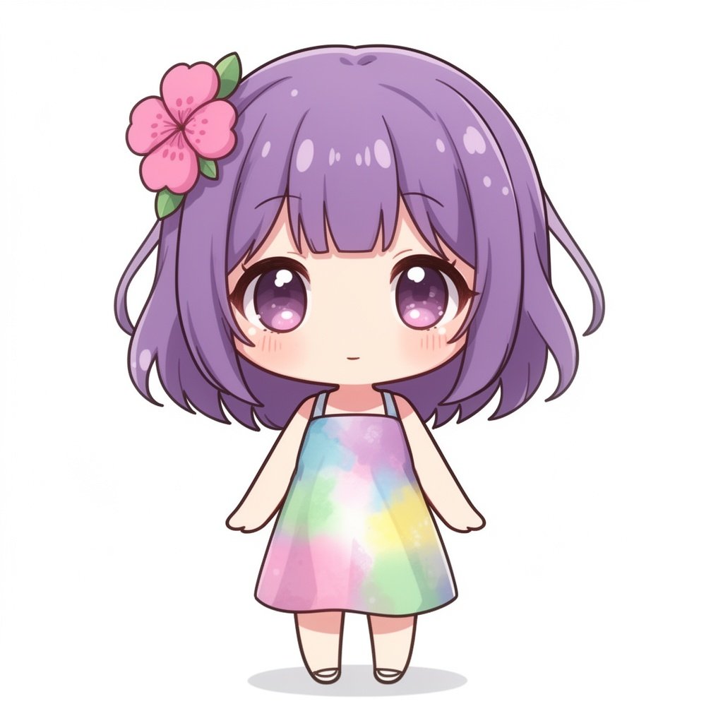 A girl with a pink flower in her purple hair and cute, expressive eyes wearing a sleeveless, multicolored dress that reaches slightly below her knees
