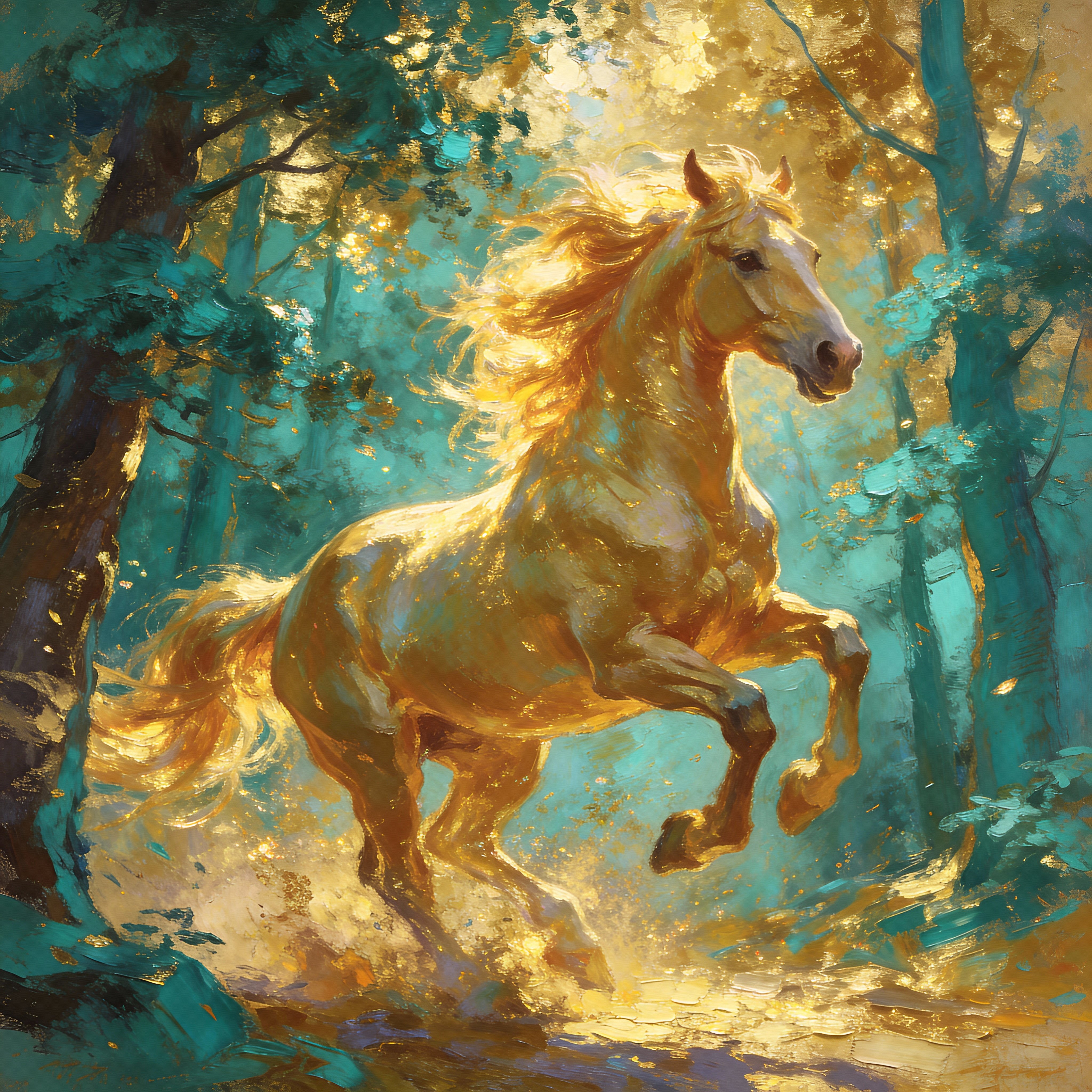 A radiant horse leaping through shimmering woods, golden mane flowing with joy, teal trees echoing calm. Oil paint, heavy impasto, textured strokes, the surface alive with feeling