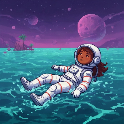 A young girl astronaut with brown skin floats on her back in an ocean on an alien world.