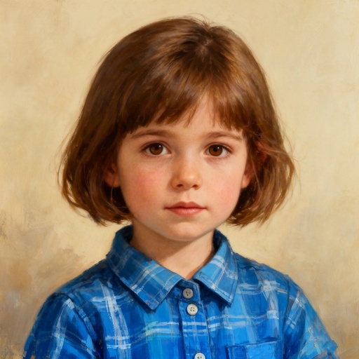 A little girl with short brown hair wearing a blue plaid shirt
