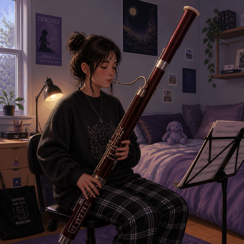 A girl playing a bassoon in a bedroom