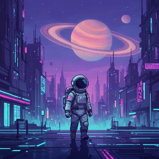 Young astronaut walks in a futuristic city with Saturn rising in the distance. Cyberpunk color scheme
