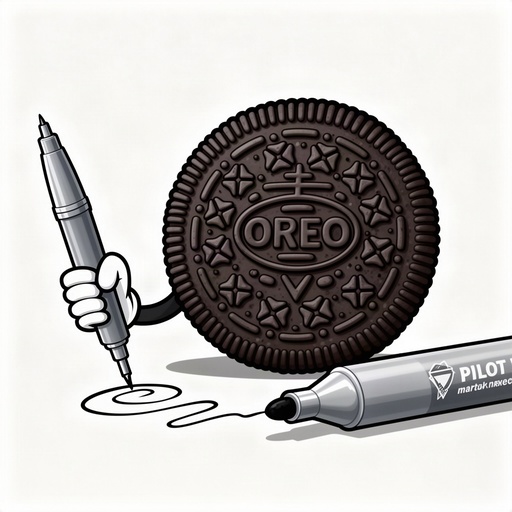 Oreo cookie cartoon writing with a 
pilot marker