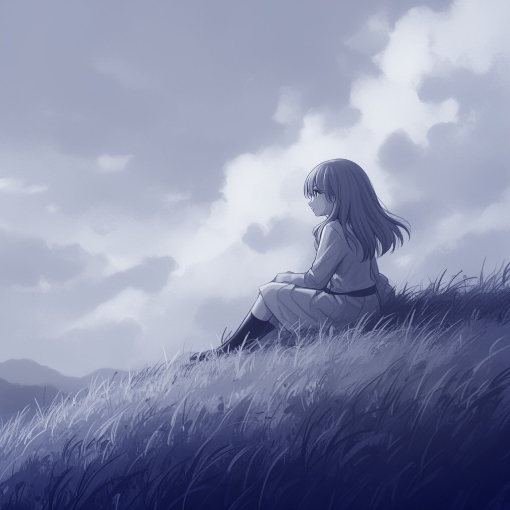A girl sitting on a grassy hill under a cloudy sky