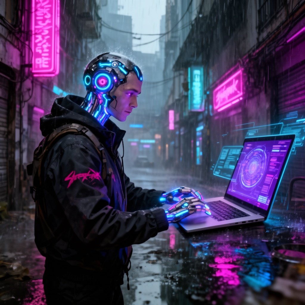 A hacker with glowing cybernetic implants working at a holographic interface in a rain-soaked neon alley