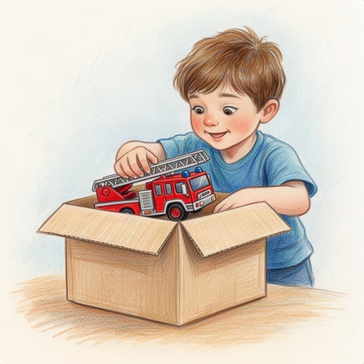 A boy placing a toy fire truck in a box