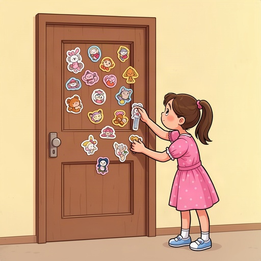 A girl placing stickers on a door
