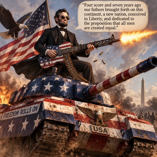 Abe Lincoln playing a guitar/machine gun combination while riding a usa flag colored tank  and quoting the opening of the Gettysburg Address