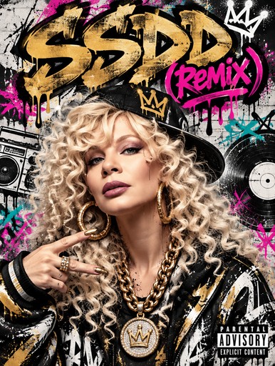 A person in a graphic jacket poses against colorful graffiti and music imagery.