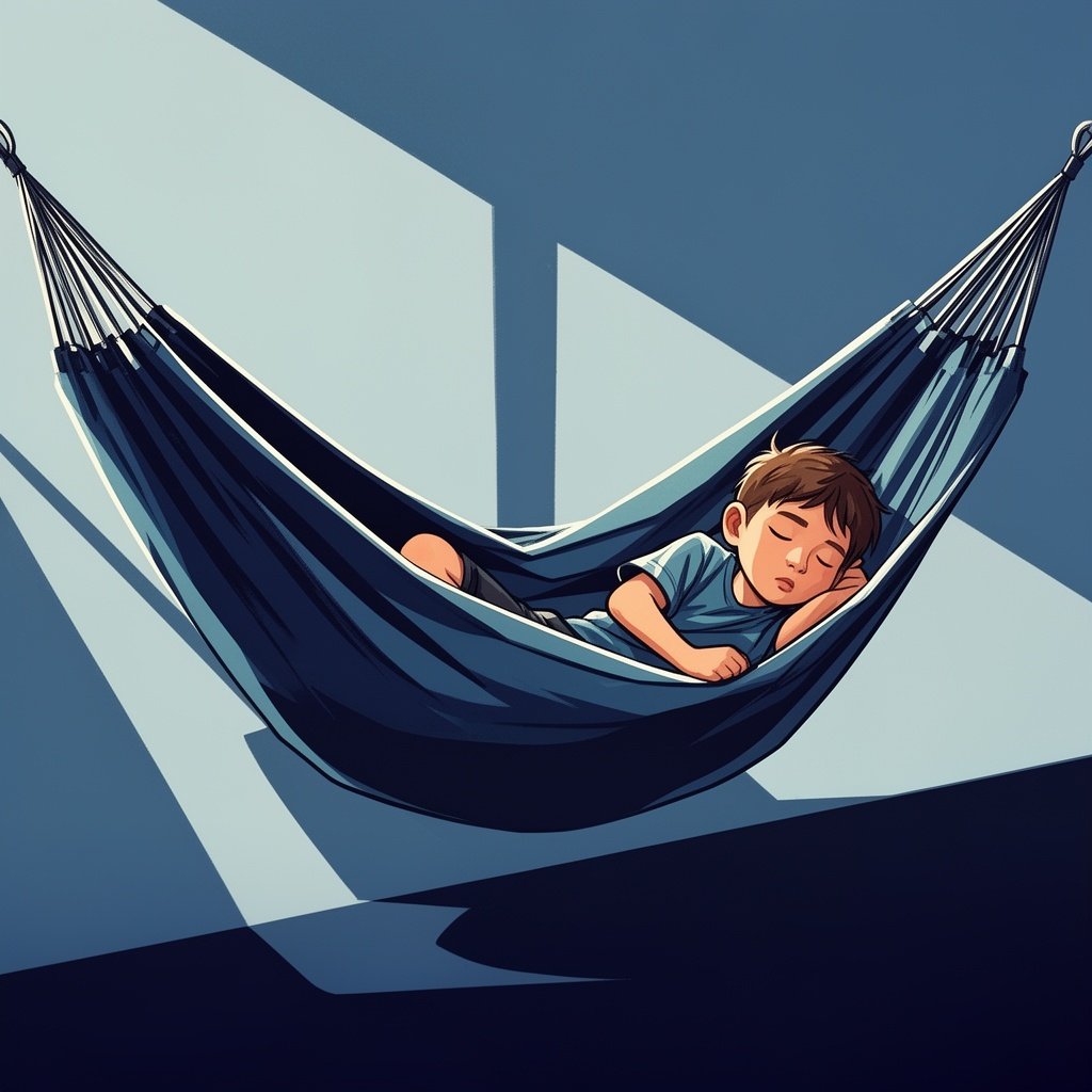 A boy sleeping in a hammock