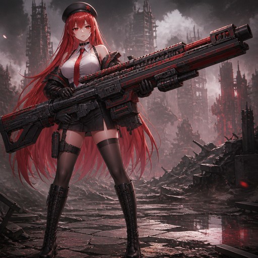 ((巨大な未来的武器:1.5)), ((大型銃:1.4)), 大型機械式武器, 重火器, 極めて大型武器, 長い銃身, がっしりした未来的デザイン, 黒と赤の配色, 詳細な機械部品, 両手で保持, 上半身より大きい武器,ラピ・レッドフード, 勝利の女神: ニッケ, 腰までの長い真っ直ぐな赤い髪, 赤い目, 赤い星が付いた黒いベレー帽,白い独立襟、白いオフショルダーのタイトトップ、単一の赤いネクタイ（中央に金属のタイクリップが付いた1本）、黒と赤のミリタリージャケットを片肩に着用しました。黒のミニスカート（無地、プリーツなし）太ももまでの黒いストッキング、((黒いブーツ:1.8))、黒い手袋、チョーカー、脚が見える、ポーチ付きの黒いタクティカルベルト、太ももにホルスター
