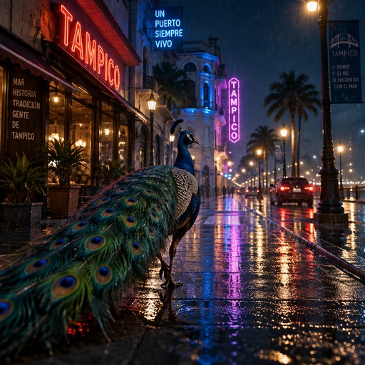 Un Pavo real con plumas esponjadas, de colores, camina lentamente por una calle lluviosa de Tampico durante la noche. Brillantes letreros de neón rojos, azules y morados se reflejan en el pavimento mojado. Una lluvia ligera cae continuamente mientras la ciudad brilla con luces y reflejos futuristas.
La cámara sigue al pavo real desde atrás a un ritmo natural de caminata y luego se desplaza suavemente hacia un ángulo lateral cinematográfico. Detalles de cuerpo y plumas ultrarrealistas, movimiento realista de plumas, movimiento corporal natural y una atmósfera muy creíble.
Iluminación cinematográfica, sombras dramáticas, poca profundidad de campo, iluminación volumétrica, reflejos realistas, cinematografía profesional, lente anamórfica, corrección de color de calidad cinematográfica y resolución 4K ultra alta definición.
La escena transmite una sensación de misterio, calma e inmersión, como una película de Hollywood de gran presupuesto. Movimiento de cámara suave, física realista, entorno muy detallado y calidad de obra maestra.