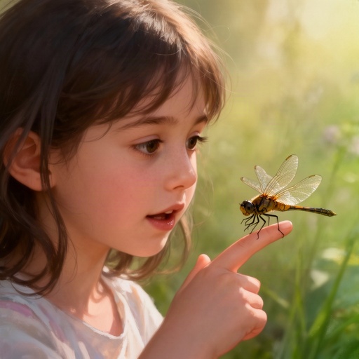 A girl looking at a dragonfly on her finger