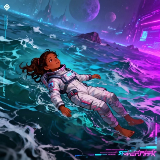 A young girl astronaut with brown skin floats on her back in an ocean on an alien world.