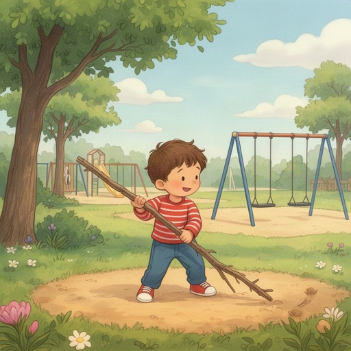 A boy playing with a stick at a playground.