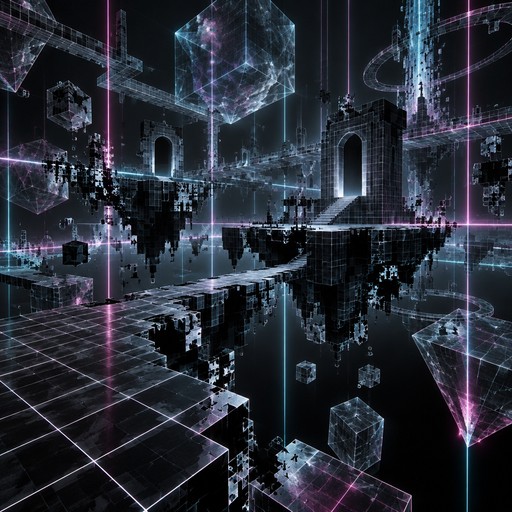 A surreal artificial dimension resembling a broken video game world, an enormous empty black void filled with floating white wireframe structures, incomplete geometric platforms, glowing grid lines extending infinitely in every direction, fragmented cubes and polygons suspended in midair, sections of the world missing and revealing absolute darkness beneath them, enormous transparent geometric shapes, luminous cyan and magenta coordinate lines, distorted perspective, strange impossible architecture, subtle digital corruption effects affecting the environment itself, mysterious artificial reality, cinematic abstract science fantasy environment, highly detailed 3D game environment concept art, Unreal Engine 5 quality, sharp geometric forms, dramatic neon lighting, strong contrast between darkness and glowing structures, no readable text, no numbers, no UI, no characters, no logos, no watermark