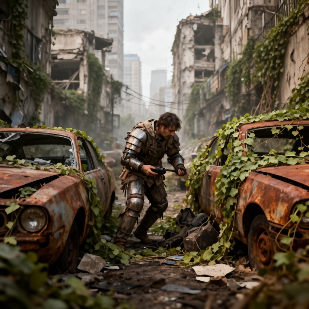 A survivor in makeshift armor scavenging through overgrown city ruins, vines covering rusted cars
