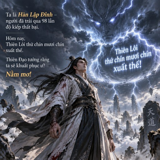 Ta là Hàn Lập Đỉnh – người đã trải qua 98 lần độ kiếp thất bại. Hôm nay, Thiên Lôi thứ chín mươi chín xuất thế. Thiên Đạo tưởng rằng ta sẽ khuất phục ư? Nằm mơ!"