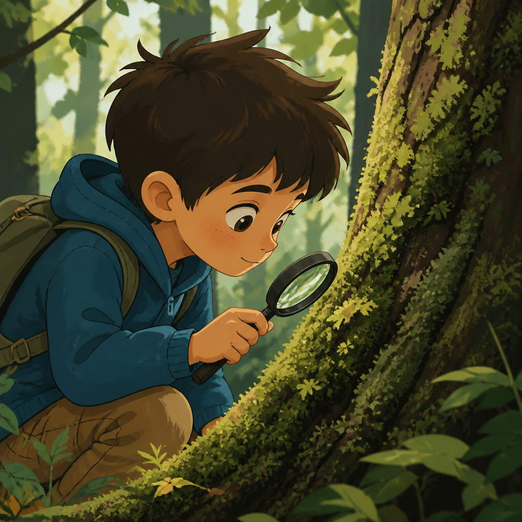 A boy examining moss on a tree