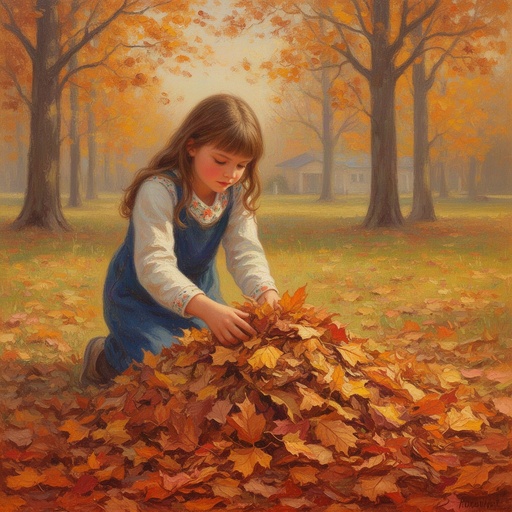 A girl building a pile of autumn leaves