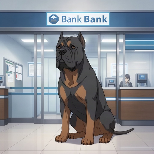 A Cane Corso dog inside a bank building